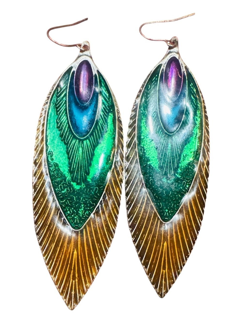 Vintage Iridescent Peacock-Style Drop Earrings with Gold-Tone Accent